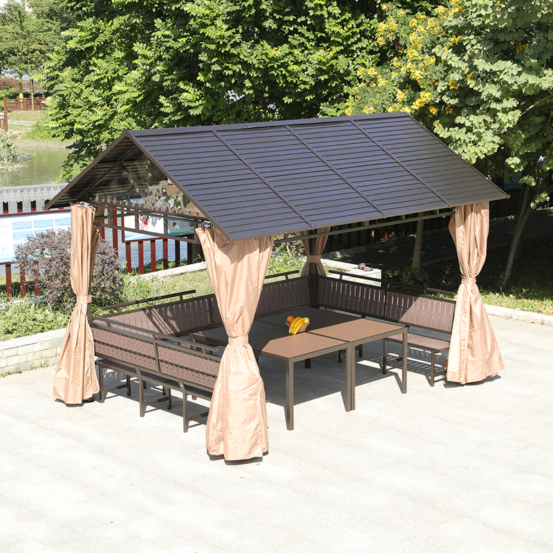 Outdoor Iron Slat Roof Gazebo Pergola with Seat and Table