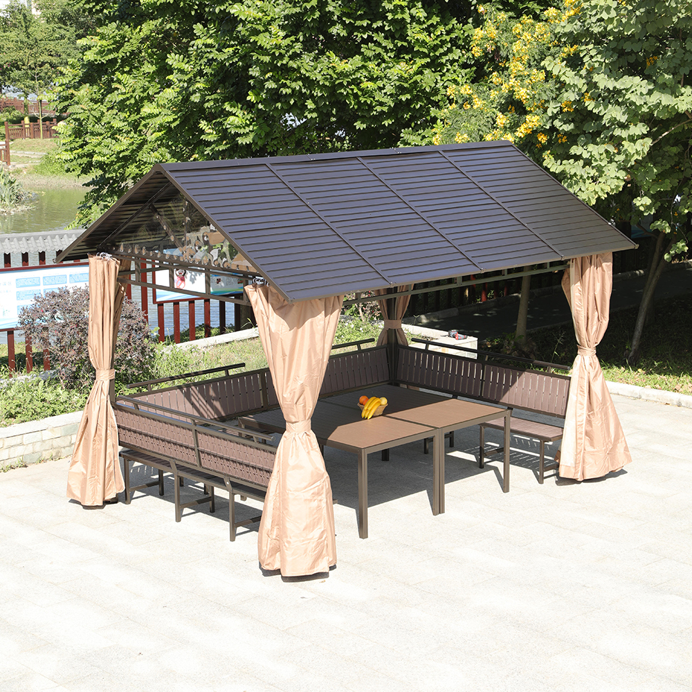 Outdoor Iron Slat Roof Gazebo Pergola with Seat and Table