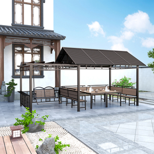 Slat Roof Iron Gazebo Pergola with Bench and Swing Chair