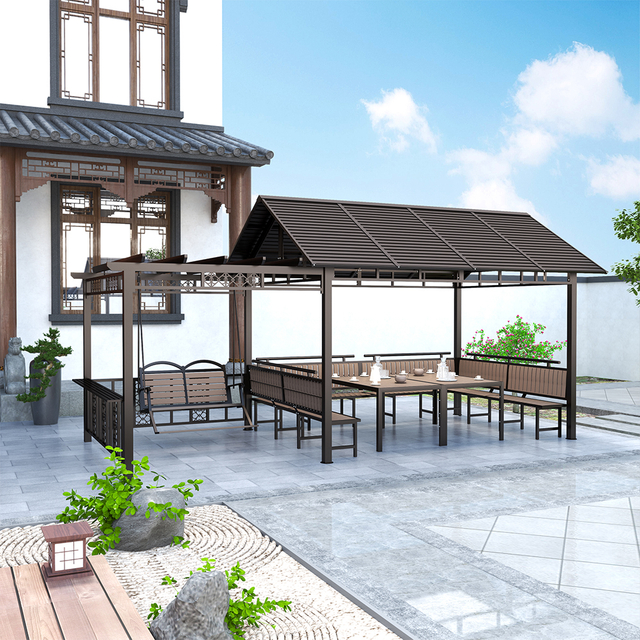 Slat Roof Iron Gazebo Pergola with Bench and Swing Chair