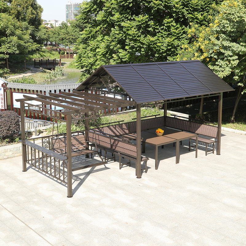 Slat Roof Iron Gazebo Pergola with Bench and Swing Chair