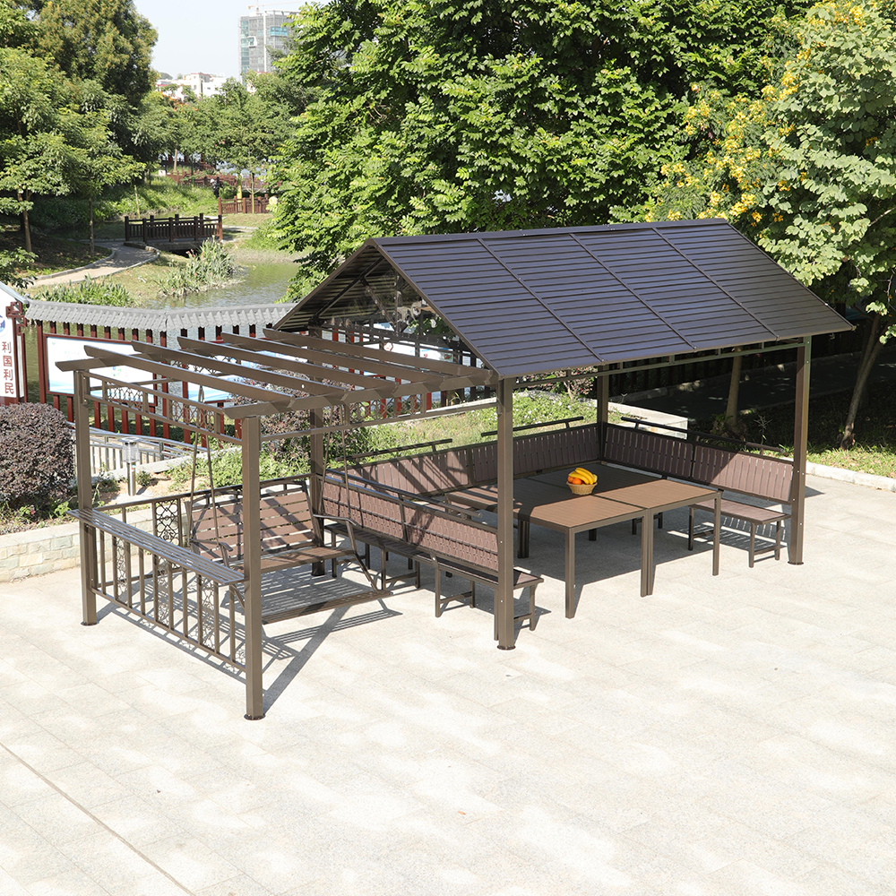 Slat Roof Iron Gazebo Pergola with Bench and Swing Chair