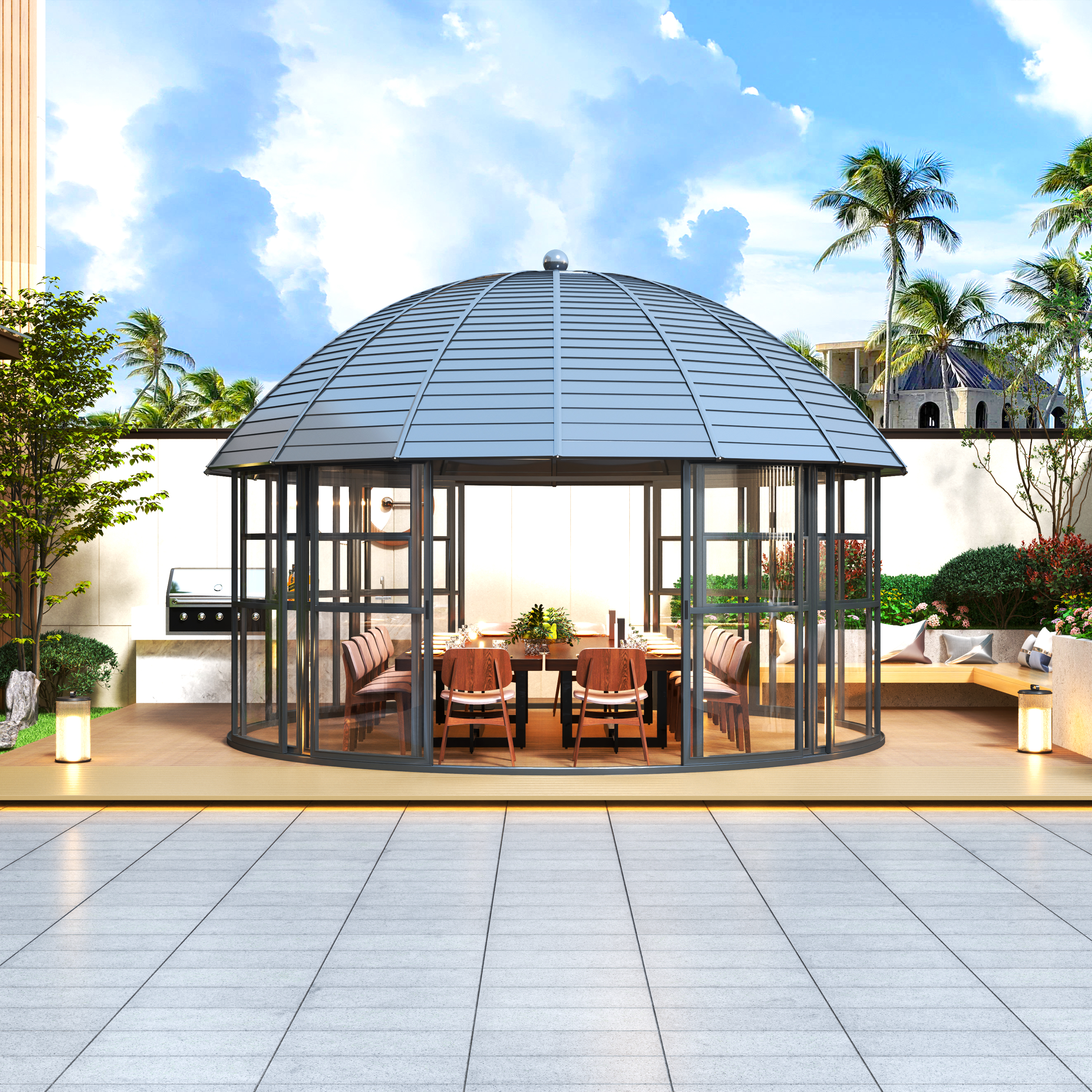 Luxury Round Sunroom Greenhouse with Sliding Doors
