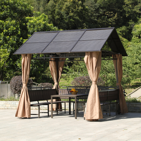 Outdoor Iron Slat Roof Gazebo Pergola with Seat and Table