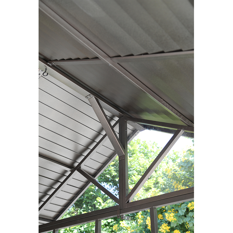 Outdoor Iron Slat Roof Gazebo Pergola with Seat and Table