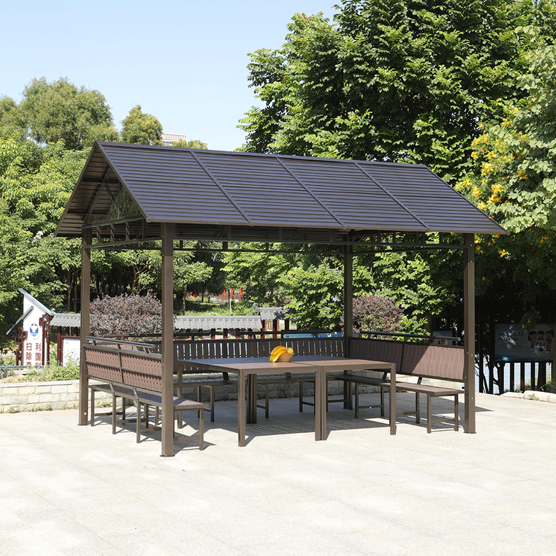 Outdoor Iron Slat Roof Gazebo Pergola with Seat and Table