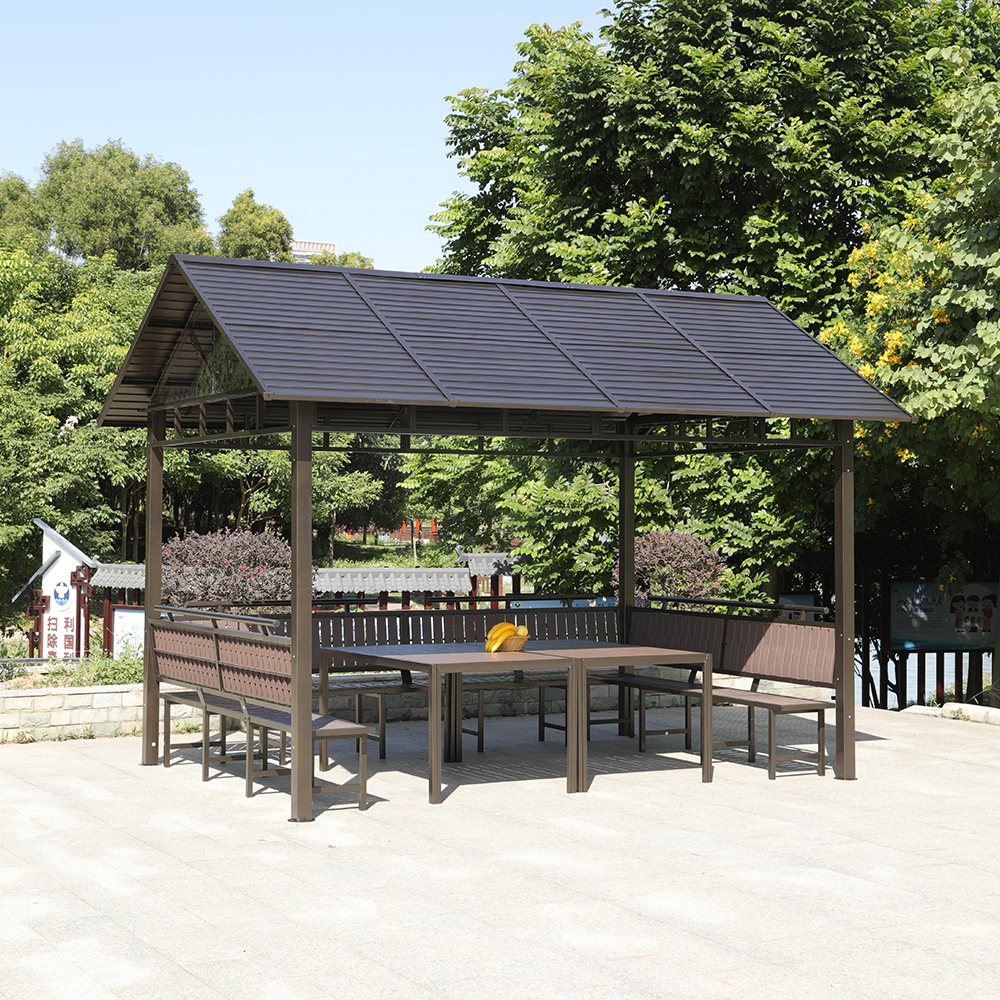 Outdoor Iron Slat Roof Gazebo Pergola with Seat and Table